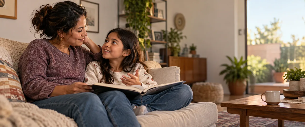 Madre e hija compartiendo una lectura y conversando en casa.