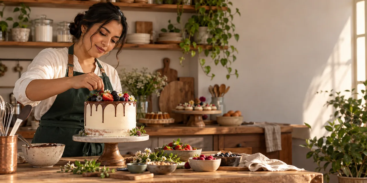 Emprendedora decorando un pastel en una cocina de trabajo.